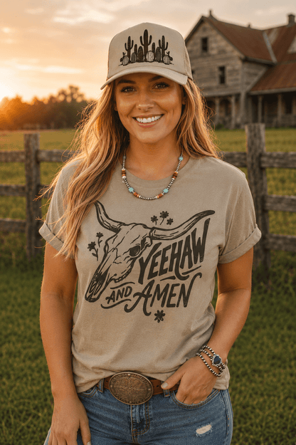 Yeehaw and Amen Longhorn Graphic Tee